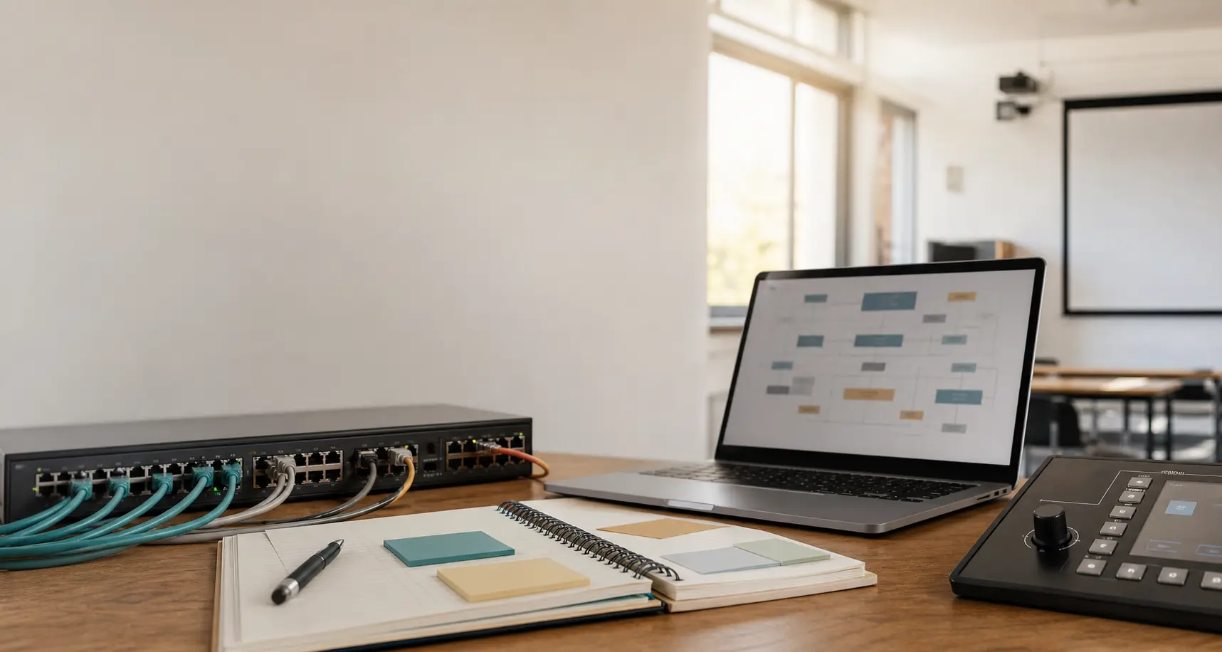 A quiet technology planning workspace with equipment and project materials.